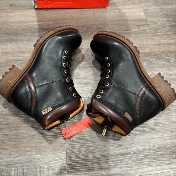 Pikolinos Aspe Lace Up Black Leather Heeled Bootie Boots - Picture 8 of 12